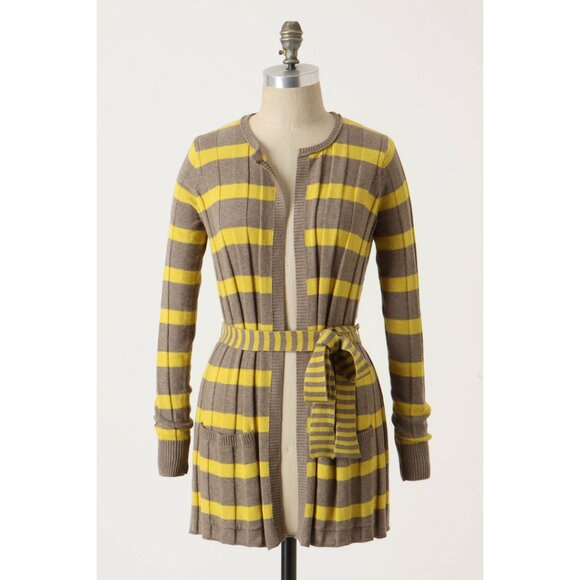 Anthropologie | Maple Switching Lanes Belted Striped Cardigan (Yellow/Brown) - Picture 1 of 12